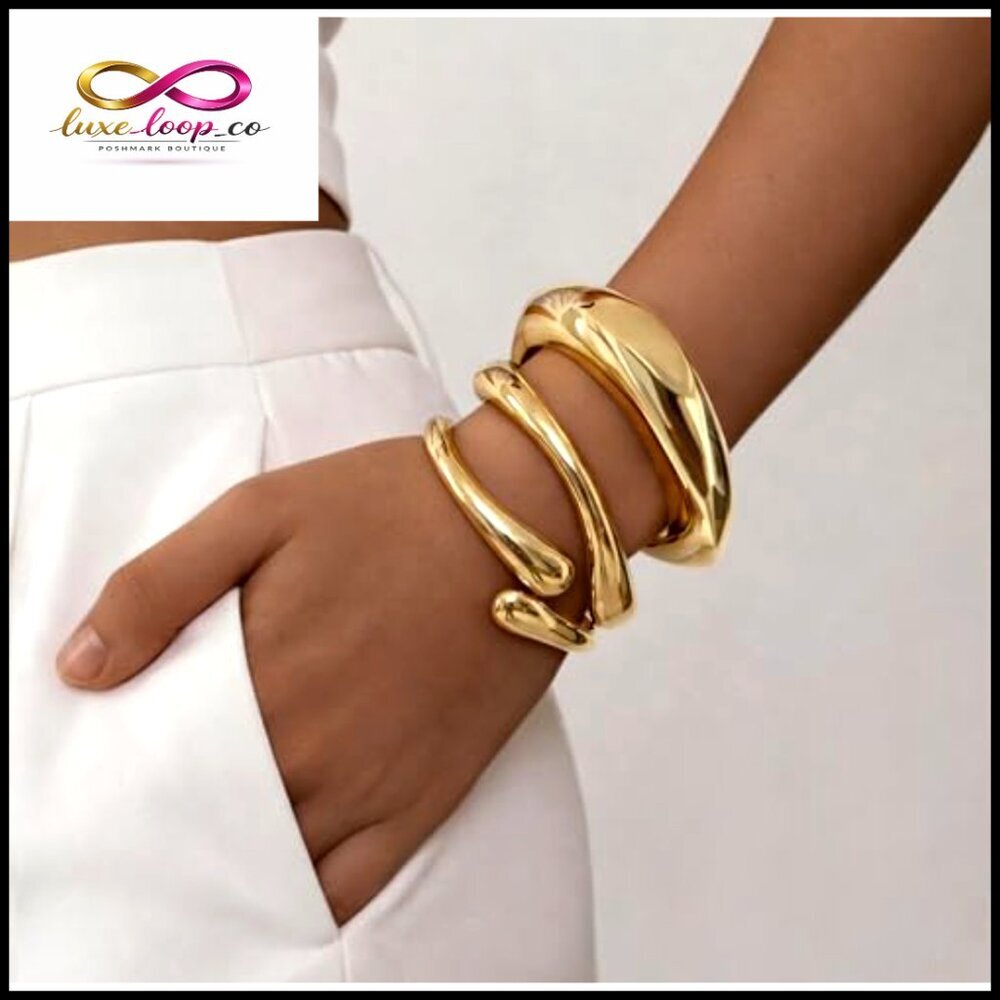 Chunky Statement Bangle Bracelets Stack Gold Plated Sterling Silver Elegant View 2